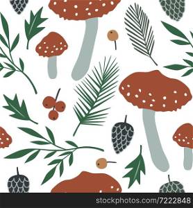 For textile, wallpaper, wrapping, web backgrounds and other pattern fills. Seamless vector pattern with amanita mushrooms and forest plants