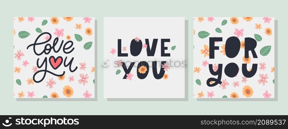 For you text lettering Valentine&rsquo;s day banner with flowers vector. For you Love you text lettering Valentine&rsquo;s day banner with flowers
