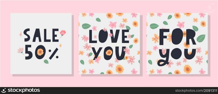 For you text lettering Valentine&rsquo;s day banner with flowers vector. For you text lettering Valentine&rsquo;s day banner with flowers sale