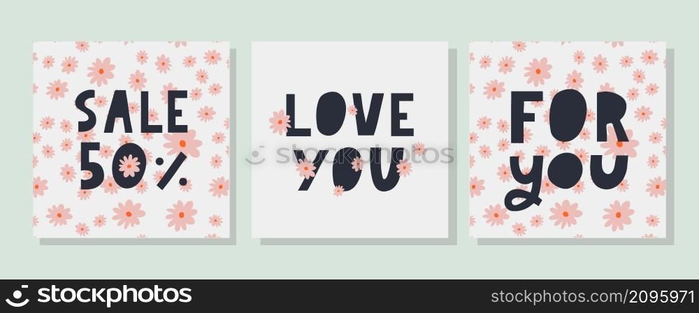 For you text lettering Valentine&rsquo;s day banner with flowers vector. For you text lettering Valentine&rsquo;s day banner with flowers sale