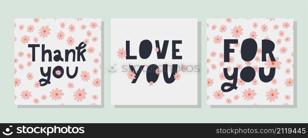 For you text lettering Valentine&rsquo;s day banner with flowers vector. For you Love you set text lettering Valentine&rsquo;s day banner with flowers