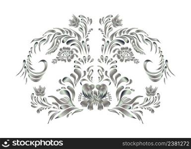 Foral pattern with hand drawn silver flowers.. Silver floral ornament isolated