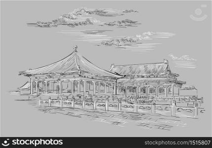 Forbidden city in Beijing, landmark of China. Hand drawn vector sketch illustration in monochrome colors isolated on gray background. China travel Concept. Stock illustration