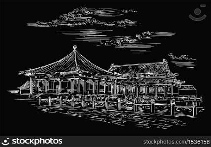 Forbidden city in Beijing, landmark of China. Hand drawn vector sketch illustration in white color isolated on black background. China travel Concept. Stock illustration