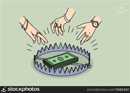 Forbidden money and bribe concept. Human hands reaching for stack of green cash money in trap over green background vector illustration . Forbidden money and bribe concept