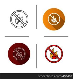 Forbidden sign with fire icon. Flat design, linear and color styles. Isolated vector illustrations. Forbidden sign with fire icon