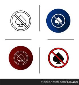 Forbidden sign with spade card suit icon. Flat design, linear and color styles. No gambling prohibition. Isolated vector illustrations. Forbidden sign with spade card suit icon
