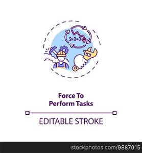 Force to perform tasks concept icon. Ergonomic stressor idea thin line illustration. Reducing worker fatigue. High force loads on human body. Vector isolated outline RGB color drawing. Editable stroke. Force to perform tasks concept icon