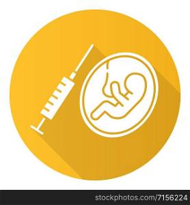 Forced abortion yellow flat design long shadow glyph icon. Unwanted, unplanned, unintended pregnancy. Baby in mother womb. Birth control. Surgical, medical procedure. Vector silhouette illustration