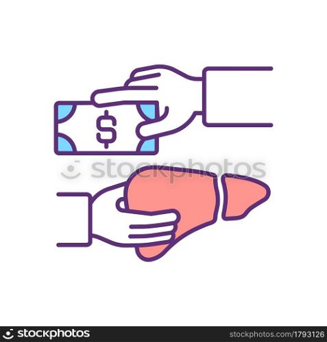 Forced organ trade RGB color icon. Liver removal against will. Buying organs at black market. Blackstreet body parts and tissues trade.Isolated vector illustration. Simple filled line drawing. Forced organ trade RGB color icon