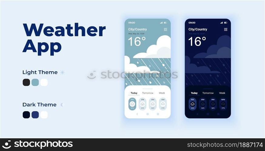 Forecast cartoon smartphone interface vector templates set. Overcast for climate. Mobile app screen page day and dark mode design. Weather UI for application. Phone display with flat character. Forecast cartoon smartphone interface vector templates set