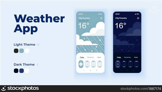 Forecast cartoon smartphone interface vector templates set. Overcast for climate. Mobile app screen page day and dark mode design. Weather UI for application. Phone display with flat character. Forecast cartoon smartphone interface vector templates set