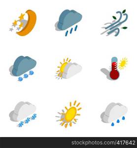 Forecast icons set. Isometric 3d illustration of 9 forecast vector icons for web. Forecast icons, isometric 3d style
