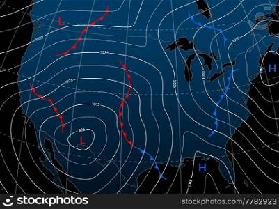 Forecast weather isobar night map of Northern America, meteorology wind fronts vector diagram. North America map with weather forecast and temperature isobar with pressure and wind charts. Forecast weather isobar night map of North America