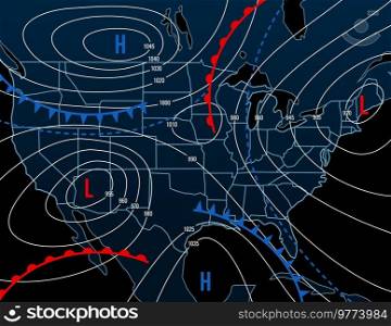 Forecast weather isobar night map of USA. Meteorology diagram with wind front and temperature. Synoptic isobar map, climate and climatology vector infographics with temperature data. Forecast weather isobar night map of USA