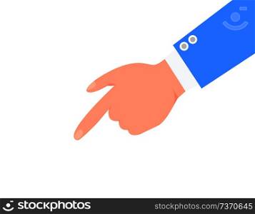 Forefinger and male arm in blue suit color poster, isolated on white vector illustration of abstract pointer, human hand with indicating index finger. Forefinger and Male Arm in Blue Suit Color Poster