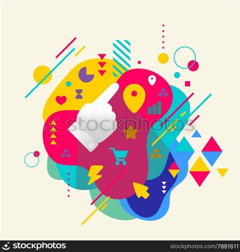 Forefinger shows at abstract colorful spotted background with different elements. Flat design.