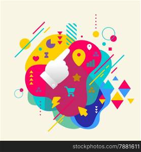 Forefinger shows at abstract colorful spotted background with different elements. Flat design.