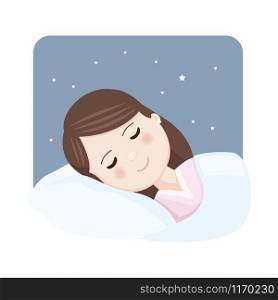 Foreground cute girl asleep in bed at night. Sweet dreams. Vector illustration