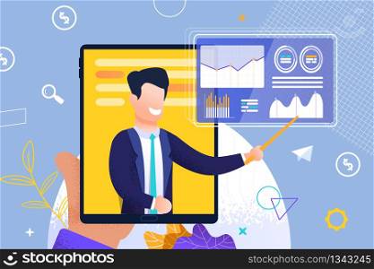 Foreground Men Hand is Holding Tablet. Vector Illustration on Blue Background. On Yellow Screen Tablet Video Blog about Business Is Broadcast. Attractive Man Shows Pointer to Schedule.