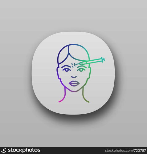 Forehead neurotoxin injection app icon. Frown lines anti wrinkle injection. Cosmetic procedure. Wrinkles reducing. Facial rejuvenation. UI/UX interface. Web application. Vector isolated illustration. Forehead neurotoxin injection app icon