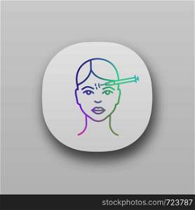 Forehead neurotoxin injection app icon. Frown lines anti wrinkle injection. Cosmetic procedure. Wrinkles reducing. Facial rejuvenation. UI/UX interface. Web application. Vector isolated illustration. Forehead neurotoxin injection app icon