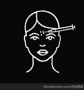 Forehead neurotoxin injection chalk icon. Frown lines anti wrinkle injection. Cosmetic procedure. Wrinkles reducing. Facial rejuvenation. Isolated vector chalkboard illustration. Forehead neurotoxin injection chalk icon