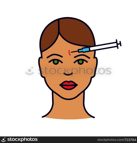 Forehead neurotoxin injection color icon. Frown lines anti wrinkle injection. Cosmetic procedure. Wrinkles reducing. Facial rejuvenation. Isolated vector illustration. Forehead neurotoxin injection color icon