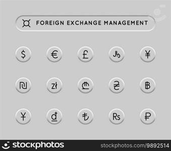 Foreign exchange management. Money and currencies vector illustration. Dollar, euro, yuan and more. Collection of symbols money for web sites and mobile, vector linear icons set. Editable stroke.