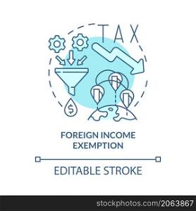 Foreign income exemption turquoise concept icon. Reducing taxes abstract idea thin line illustration. Isolated outline drawing. Editable stroke. Roboto-Medium, Myriad Pro-Bold fonts used. Foreign income exemption turquoise concept icon