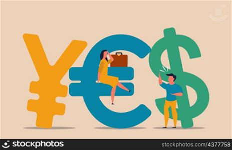 Foreign investor and fund flow of money investment euro. Global market for trade prices. Finance and business people vector concept illustration. Character partnership world trader and profit invest