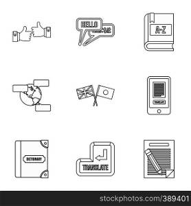 Foreign language icons set. Outline illustration of 9 foreign language vector icons for web. Foreign language icons set, outline style
