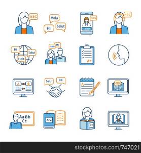 Foreign language learning color icons set. Speaking club, course, school. Basic language skills. Communication skills. Isolated vector illustrations. Foreign language learning color icons set