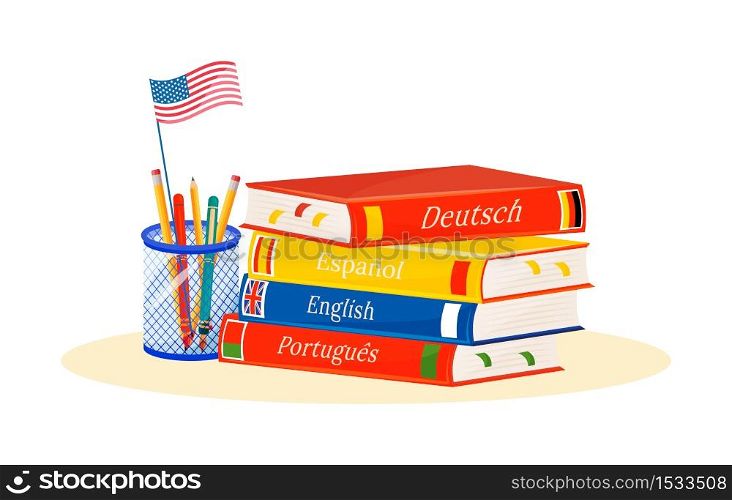 Foreign language learning flat concept vector illustration. Spanish, Portuguese and German languages courses. School subjects. Linguistics study metaphor. Textbook and dictionary 2D cartoon objects. Foreign language learning flat concept vector illustration