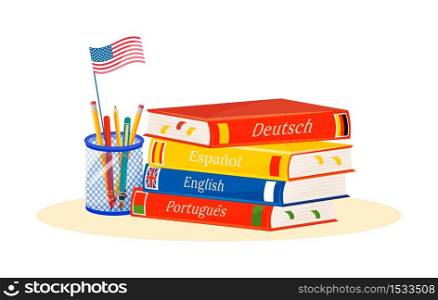 Foreign language learning flat concept vector illustration. Spanish, Portuguese and German languages courses. School subjects. Linguistics study metaphor. Textbook and dictionary 2D cartoon objects. Foreign language learning flat concept vector illustration