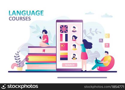 Foreign language teachers questionnaires on smartphone screen. Woman chooses teacher to study language. Concept of online education, courses and e-learning. Internet technology. Vector illustration. Foreign language teachers questionnaires on smartphone screen. Woman chooses teacher to study language.