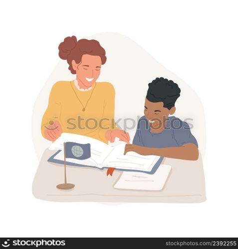 Foreign language tutor isolated cartoon vector illustration Foreign languages education center, small flag at the table, tutor and student at the desk with book, private lesson vector cartoon.. Foreign language tutor isolated cartoon vector illustration