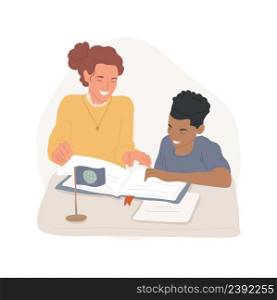 Foreign language tutor isolated cartoon vector illustration Foreign languages education center, small flag at the table, tutor and student at the desk with book, private lesson vector cartoon.. Foreign language tutor isolated cartoon vector illustration