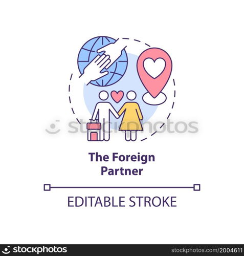 Foreign partner concept icon. Expats types abstract idea thin line illustration. Finding love abroad. Romantic relationship overseas. Vector isolated outline color drawing. Editable stroke. Foreign partner concept icon