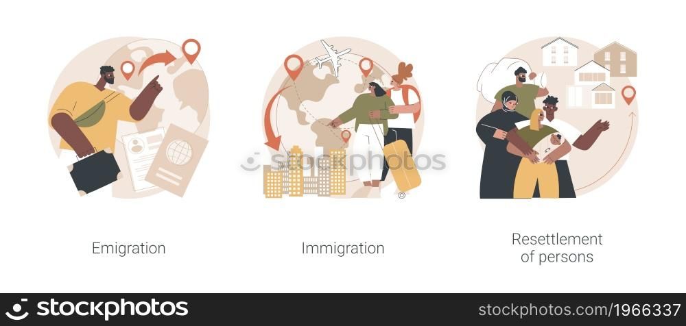 Foreign residence abstract concept vector illustration set. Emigration and immigration, resettlement of persons, refugee camp, residence permit, working visa, boarding control abstract metaphor.. Foreign residence abstract concept vector illustrations.