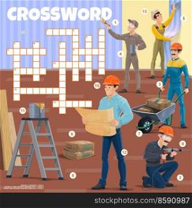 Foreman and workers. Crossword grid. Find a word quiz game, vocabulary riddle or kids quiz vector worksheet, playing activity page with handyman, builder and painter, engineer or foreman characters. Crossword grid riddle with foreman and workers