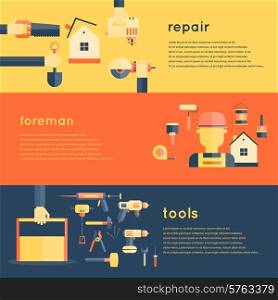Foreman repair tools service construction home flat banner set isolated vector illustration