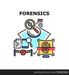 Forensics Vector Icon Concept. Forensics Of Fingerprint And Dna Laboratory Analysis, Researching Crime Scene And Digital Device Or Document Evidence. Professional Researchment Color Illustration. Forensics Analyzing Vector Concept Illustration