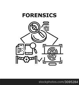 Forensics Vector Icon Concept. Forensics Of Fingerprint And Dna Laboratory Analysis, Researching Crime Scene And Digital Device Or Document Evidence. Professional Researchment Black Illustration. Forensics Analyzing Vector Concept Illustration