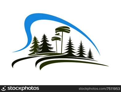 Forest abstract emblem or icon with glade under the canopy of high green trees with blue sky above, for nature or landscape theme design. Forest emblem with glade, trees and sky