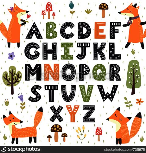 Forest alphabet with cute foxes. Hand drawn letters from A to Z. Vector illustration