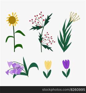 Forest and garden flowers isolated on white background cartoon hand drawn style, vector set. Vector illustration of nature flower spring and summer. 