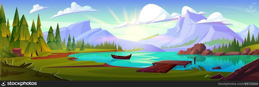 Forest and mountain lake nature cartoon background. Beautiful summer valley landscape with pine tree, sun ray, wooden dock and cloud in blue sky. Outdoor travel scene with green grass and wharf. Forest and mountain lake nature cartoon background