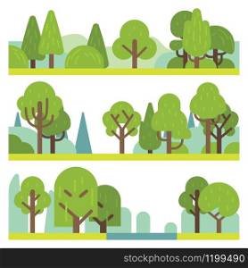Forest and park plants. Flat different trees, bushes and grass. Woodland and park elements, trendy natural landscape panorama vector objects