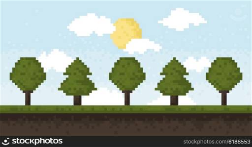 Forest and sky in pixel art style. Vector illustration